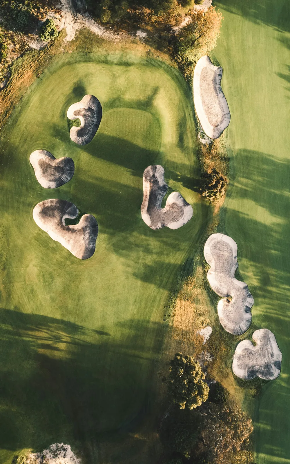 An aerial view of a golf course green and bunkers
