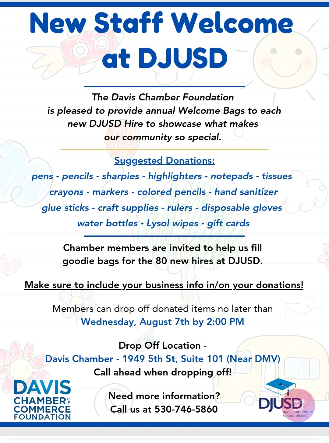 New Staff Welcome at DJUSD donation request flyer from the Davis Chamber Foundation, listing suggested donations and the drop-off deadline of Wednesday August 7 by 2 PM at 1949 5th Street